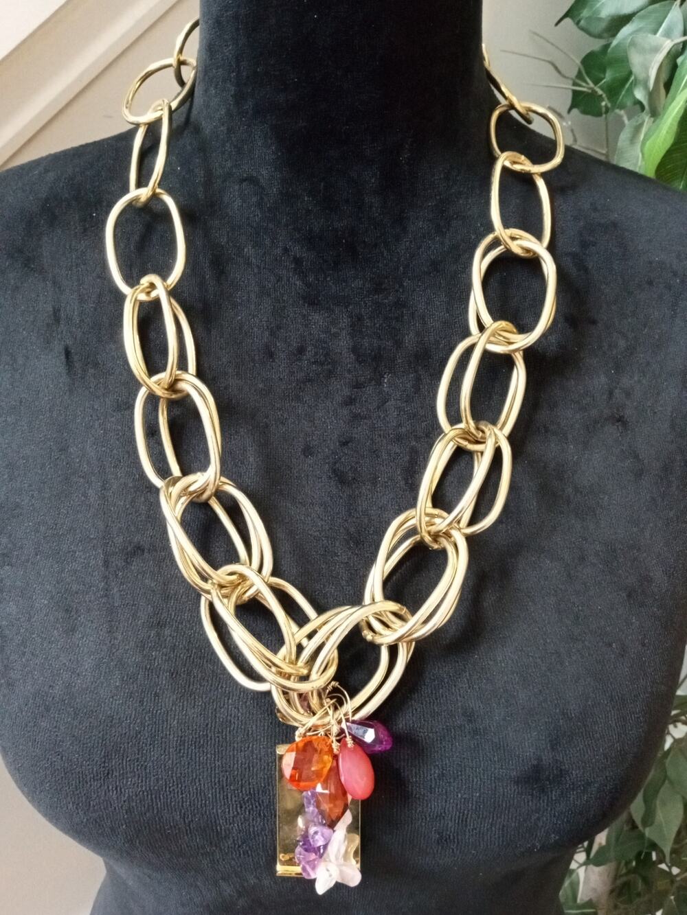 Iman Gold Tone Double Link Chain Statement Necklace Colorful Crystal Pendant